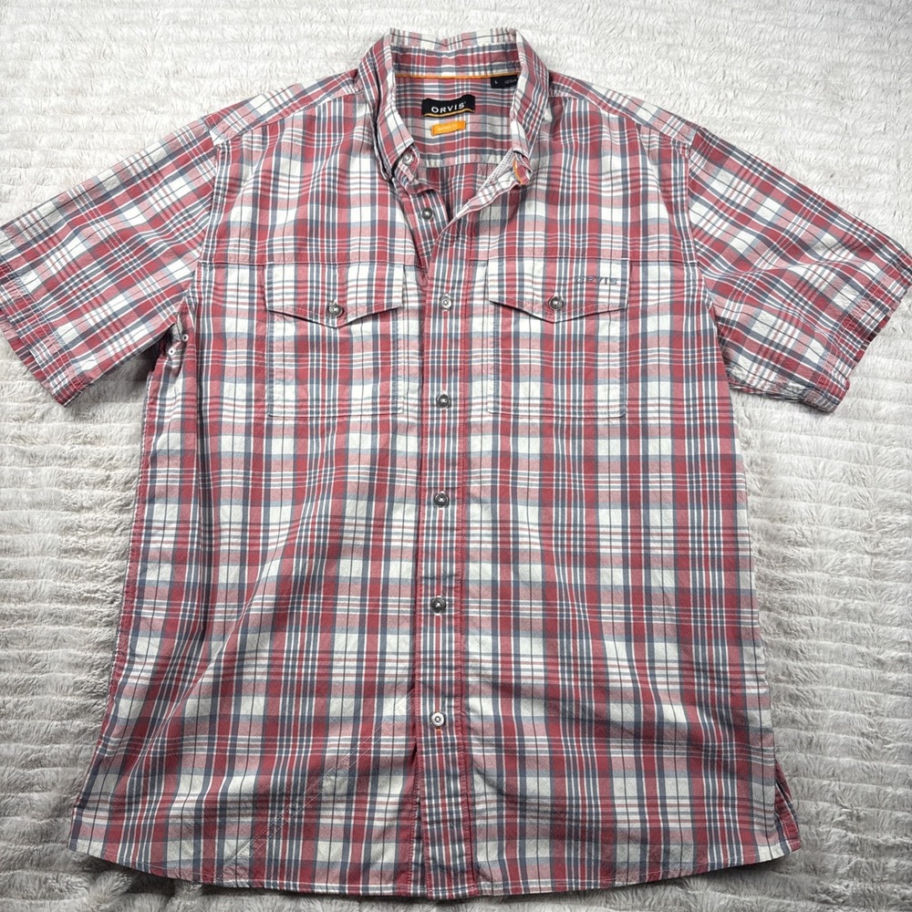 Orvis Short Sleeve Button Down Tencel Spandex Cotton Shirt Men's L Red Plaid